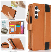For Samsung Galaxy S24+ 5G Wristband Holder Zipper Purse RFID Leather Phone Case(Brown)