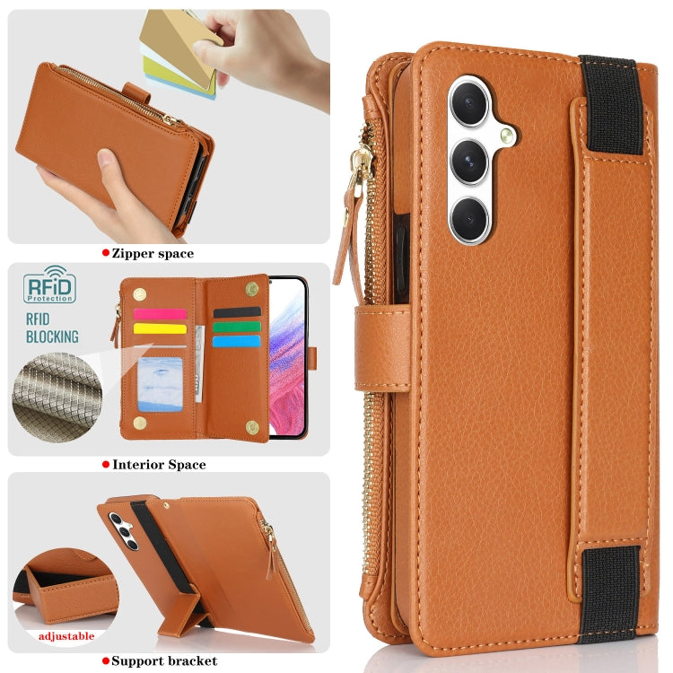 For Samsung Galaxy S24+ 5G Wristband Holder Zipper Purse RFID Leather Phone Case(Brown)