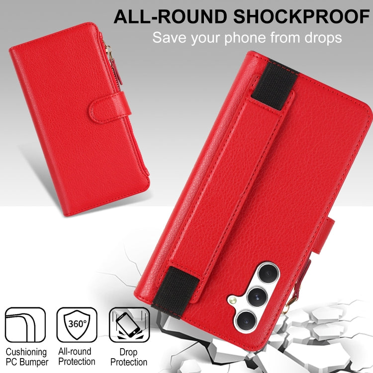 For Samsung Galaxy S24+ 5G Wristband Holder Zipper Purse RFID Leather Phone Case(Red)