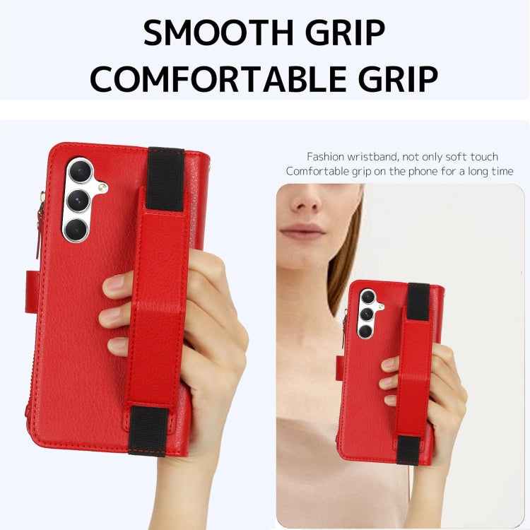 For Samsung Galaxy S24+ 5G Wristband Holder Zipper Purse RFID Leather Phone Case(Red)