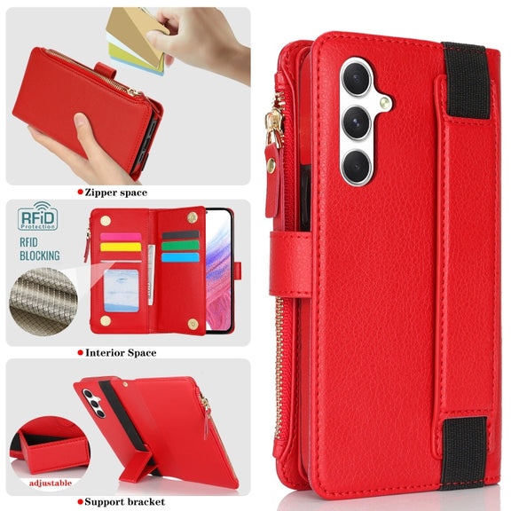 For Samsung Galaxy S24+ 5G Wristband Holder Zipper Purse RFID Leather Phone Case(Red)