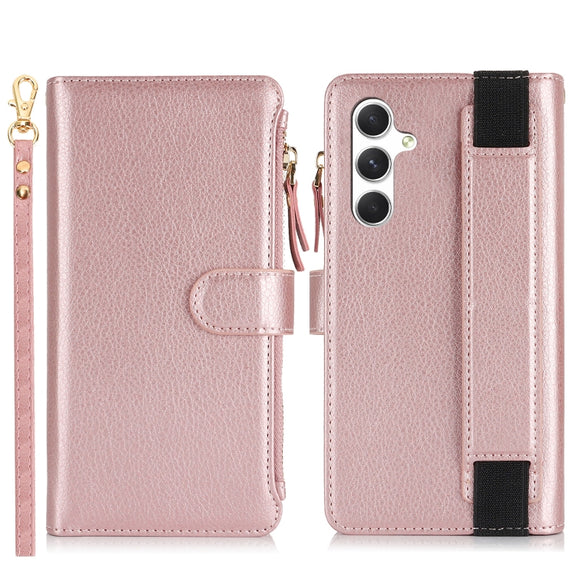 For Samsung Galaxy S24+ 5G Wristband Holder Zipper Purse RFID Leather Phone Case(Rose Gold)