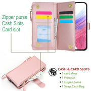 For Samsung Galaxy S24+ 5G Wristband Holder Zipper Purse RFID Leather Phone Case(Rose Gold)