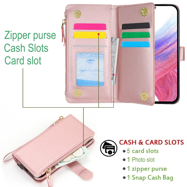 For Samsung Galaxy S24+ 5G Wristband Holder Zipper Purse RFID Leather Phone Case(Rose Gold)