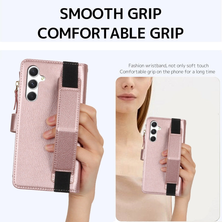 For Samsung Galaxy S24+ 5G Wristband Holder Zipper Purse RFID Leather Phone Case(Rose Gold)