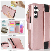 For Samsung Galaxy S24+ 5G Wristband Holder Zipper Purse RFID Leather Phone Case(Rose Gold)