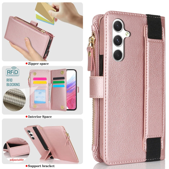 For Samsung Galaxy S24+ 5G Wristband Holder Zipper Purse RFID Leather Phone Case(Rose Gold)