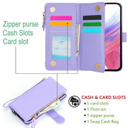 For Samsung Galaxy S24+ 5G Wristband Holder Zipper Purse RFID Leather Phone Case(Purple)