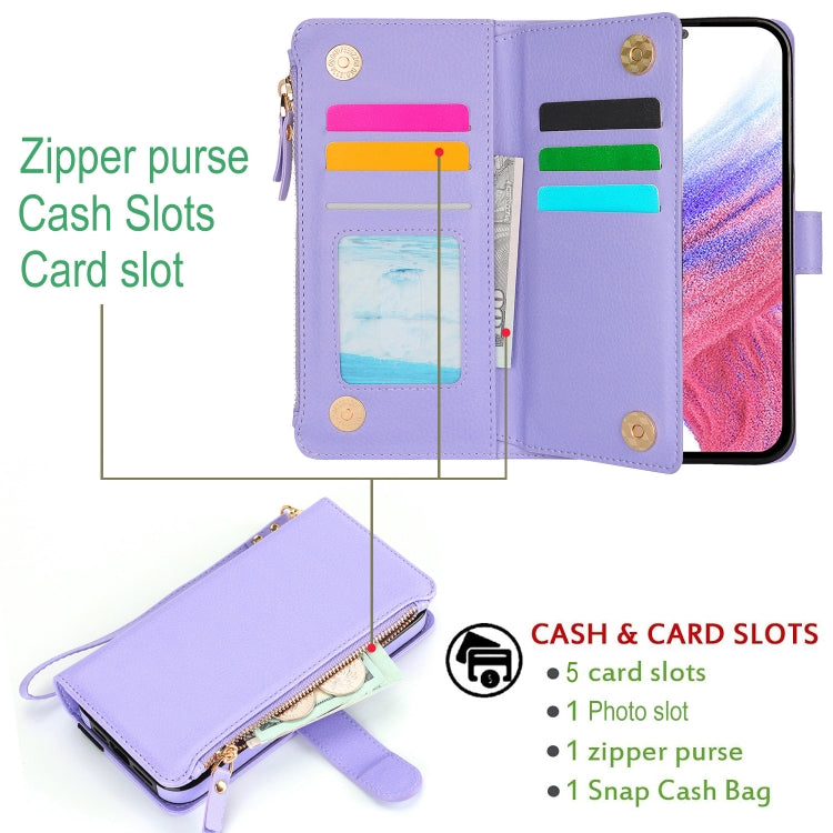 For Samsung Galaxy S24+ 5G Wristband Holder Zipper Purse RFID Leather Phone Case(Purple)