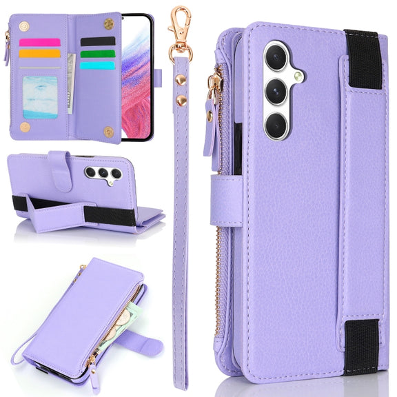 For Samsung Galaxy S24+ 5G Wristband Holder Zipper Purse RFID Leather Phone Case(Purple)