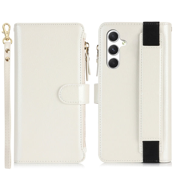 For Samsung Galaxy S24+ 5G Wristband Holder Zipper Purse RFID Leather Phone Case(White)
