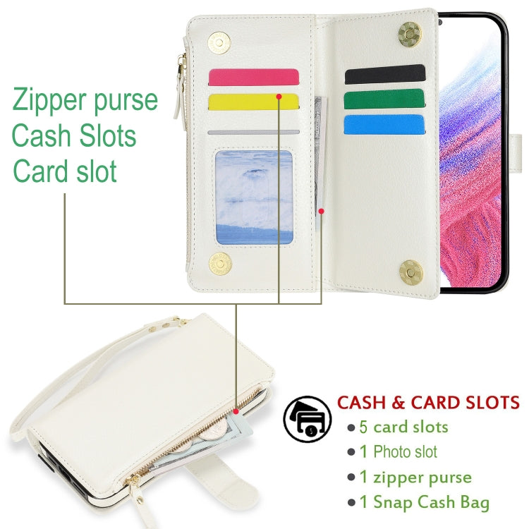 For Samsung Galaxy S24+ 5G Wristband Holder Zipper Purse RFID Leather Phone Case(White)