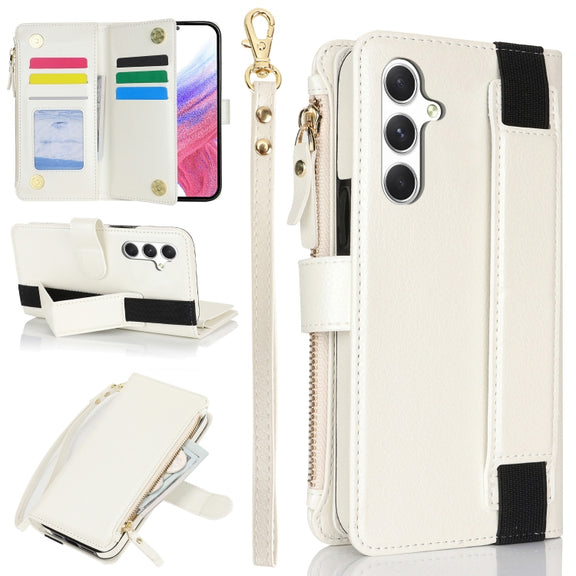 For Samsung Galaxy S24+ 5G Wristband Holder Zipper Purse RFID Leather Phone Case(White)