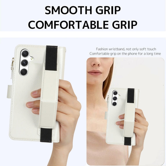 For Samsung Galaxy S24+ 5G Wristband Holder Zipper Purse RFID Leather Phone Case(White)