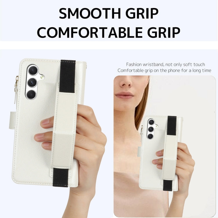 For Samsung Galaxy S24+ 5G Wristband Holder Zipper Purse RFID Leather Phone Case(White)