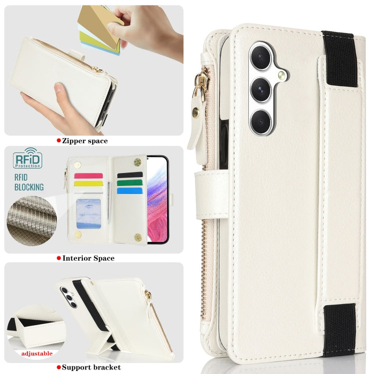 For Samsung Galaxy S24+ 5G Wristband Holder Zipper Purse RFID Leather Phone Case(White)