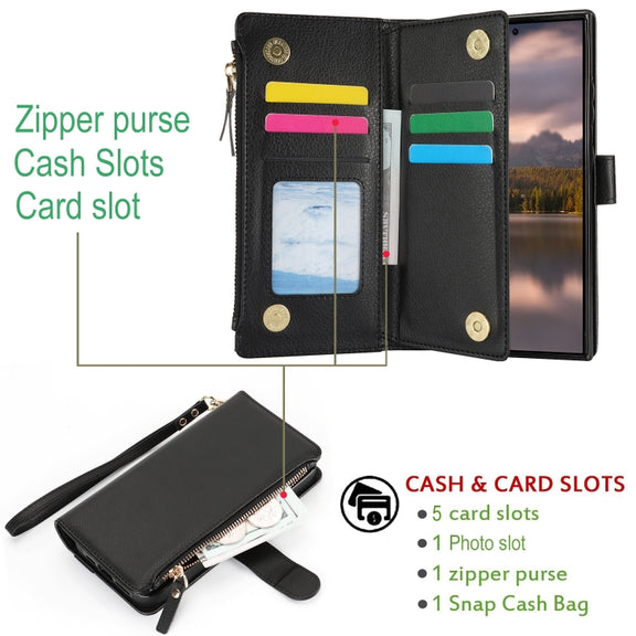 For Samsung Galaxy S24 Ultra 5G Wristband Holder Zipper Purse RFID Leather Phone Case(Black)