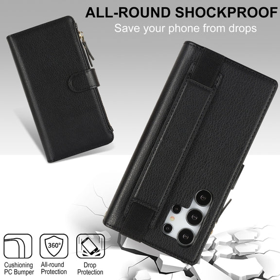For Samsung Galaxy S24 Ultra 5G Wristband Holder Zipper Purse RFID Leather Phone Case(Black)