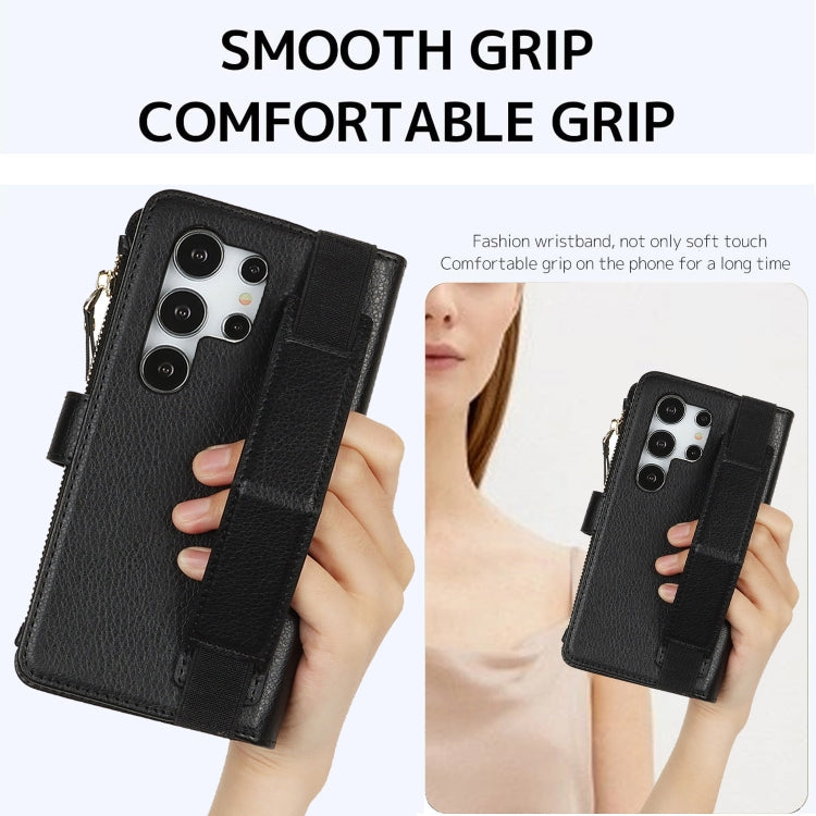 For Samsung Galaxy S24 Ultra 5G Wristband Holder Zipper Purse RFID Leather Phone Case(Black)