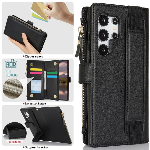 For Samsung Galaxy S24 Ultra 5G Wristband Holder Zipper Purse RFID Leather Phone Case(Black)