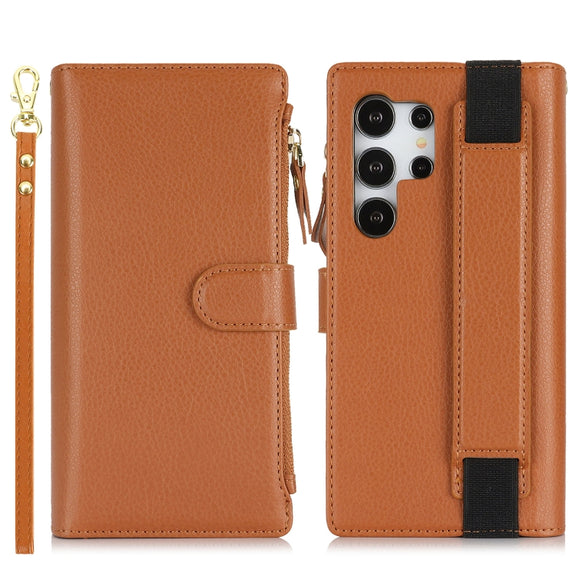 For Samsung Galaxy S24 Ultra 5G Wristband Holder Zipper Purse RFID Leather Phone Case(Brown)