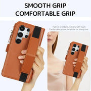For Samsung Galaxy S24 Ultra 5G Wristband Holder Zipper Purse RFID Leather Phone Case(Brown)