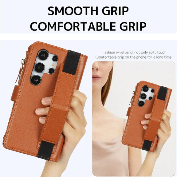 For Samsung Galaxy S24 Ultra 5G Wristband Holder Zipper Purse RFID Leather Phone Case(Brown)
