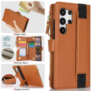 For Samsung Galaxy S24 Ultra 5G Wristband Holder Zipper Purse RFID Leather Phone Case(Brown)