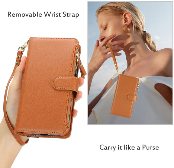 For Samsung Galaxy S24 Ultra 5G Wristband Holder Zipper Purse RFID Leather Phone Case(Brown)