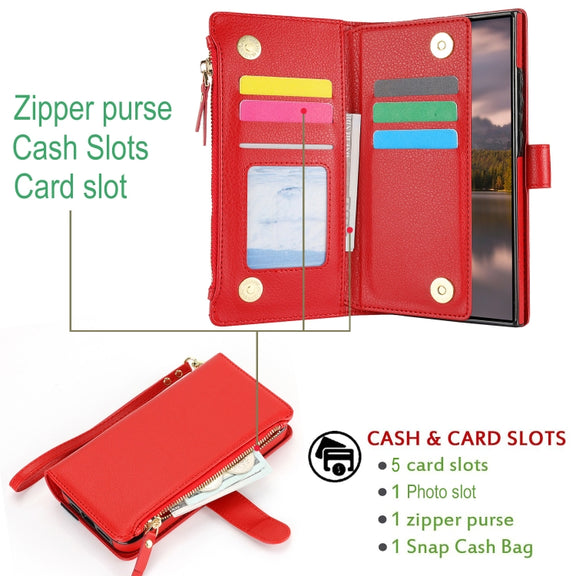 For Samsung Galaxy S24 Ultra 5G Wristband Holder Zipper Purse RFID Leather Phone Case(Red)