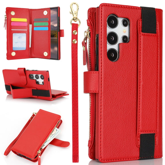 For Samsung Galaxy S24 Ultra 5G Wristband Holder Zipper Purse RFID Leather Phone Case(Red)