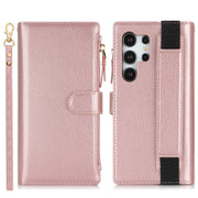 For Samsung Galaxy S24 Ultra 5G Wristband Holder Zipper Purse RFID Leather Phone Case(Rose Gold)