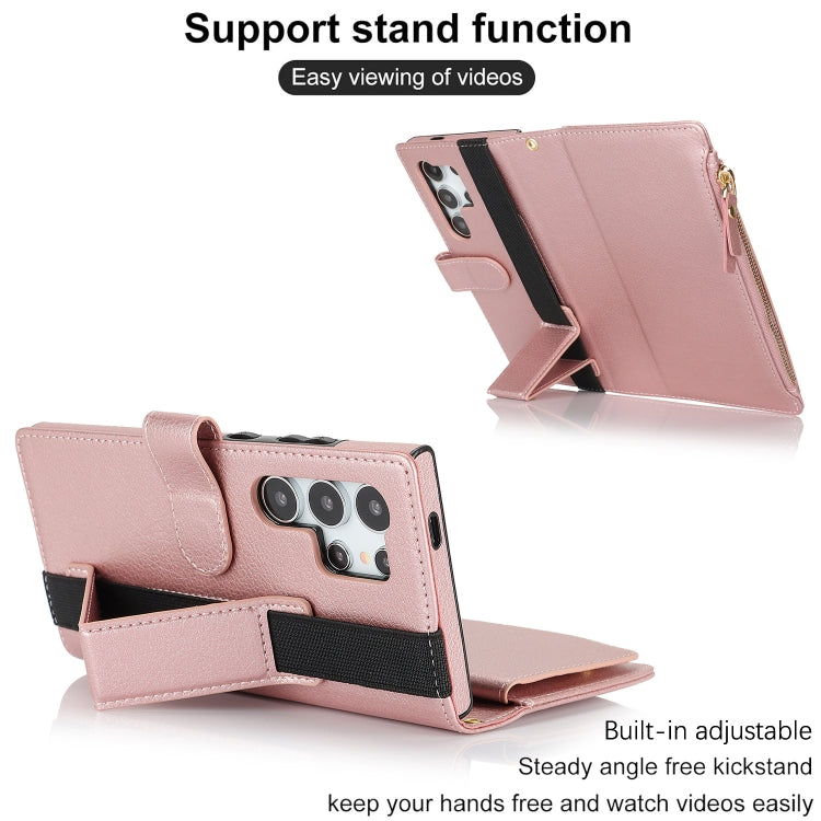 For Samsung Galaxy S24 Ultra 5G Wristband Holder Zipper Purse RFID Leather Phone Case(Rose Gold)