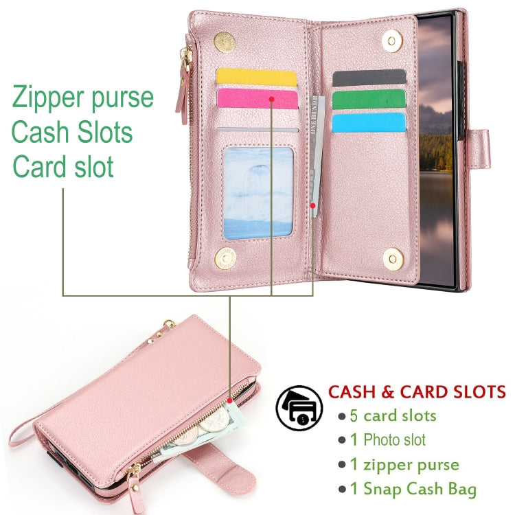 For Samsung Galaxy S24 Ultra 5G Wristband Holder Zipper Purse RFID Leather Phone Case(Rose Gold)