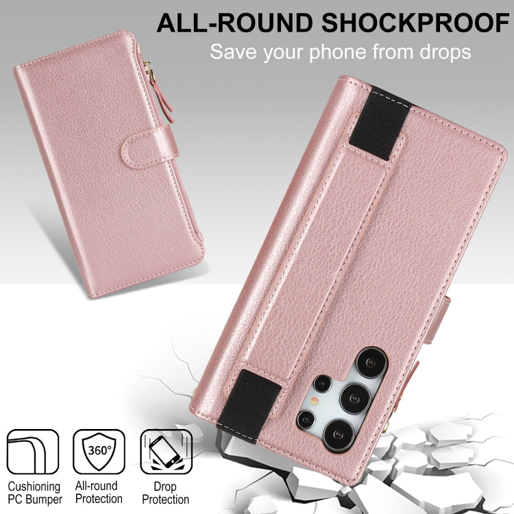 For Samsung Galaxy S24 Ultra 5G Wristband Holder Zipper Purse RFID Leather Phone Case(Rose Gold)