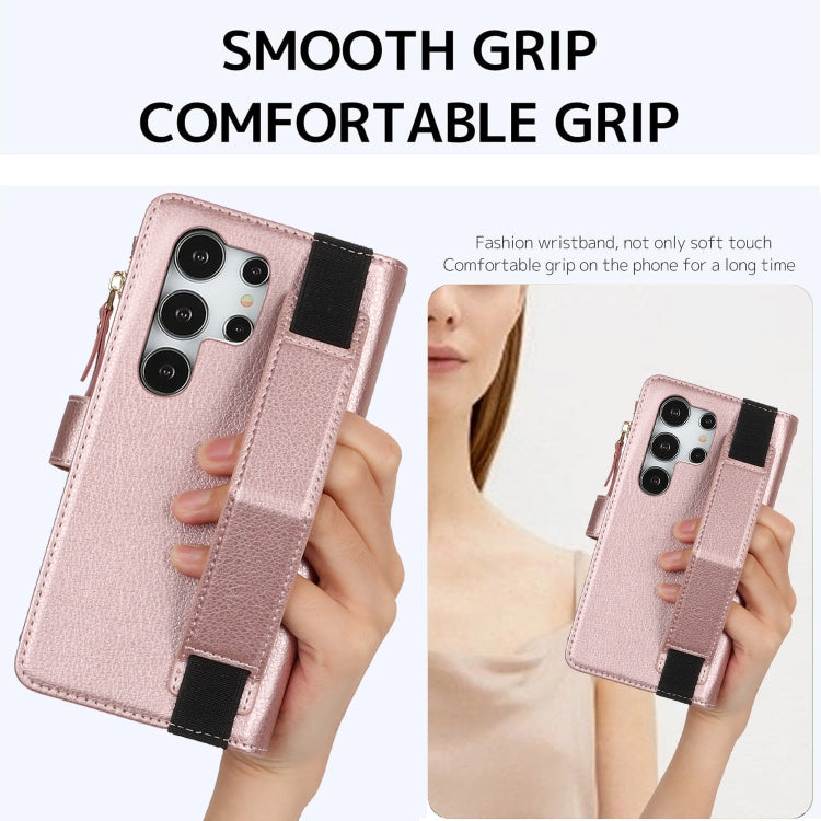 For Samsung Galaxy S24 Ultra 5G Wristband Holder Zipper Purse RFID Leather Phone Case(Rose Gold)
