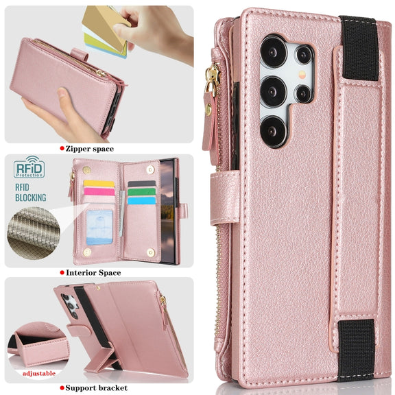 For Samsung Galaxy S24 Ultra 5G Wristband Holder Zipper Purse RFID Leather Phone Case(Rose Gold)
