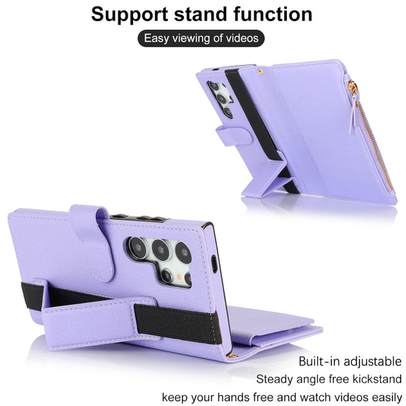 For Samsung Galaxy S24 Ultra 5G Wristband Holder Zipper Purse RFID Leather Phone Case(Purple)