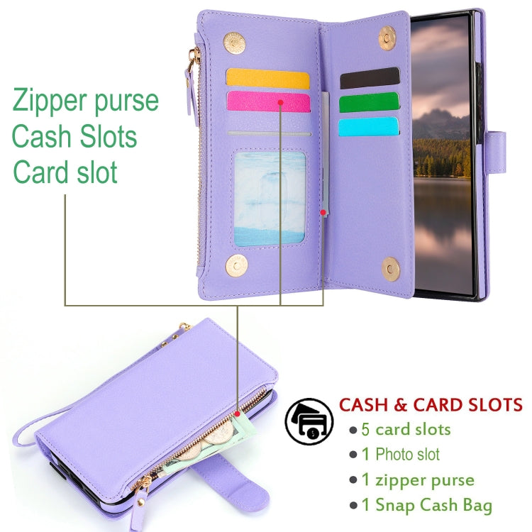 For Samsung Galaxy S24 Ultra 5G Wristband Holder Zipper Purse RFID Leather Phone Case(Purple)