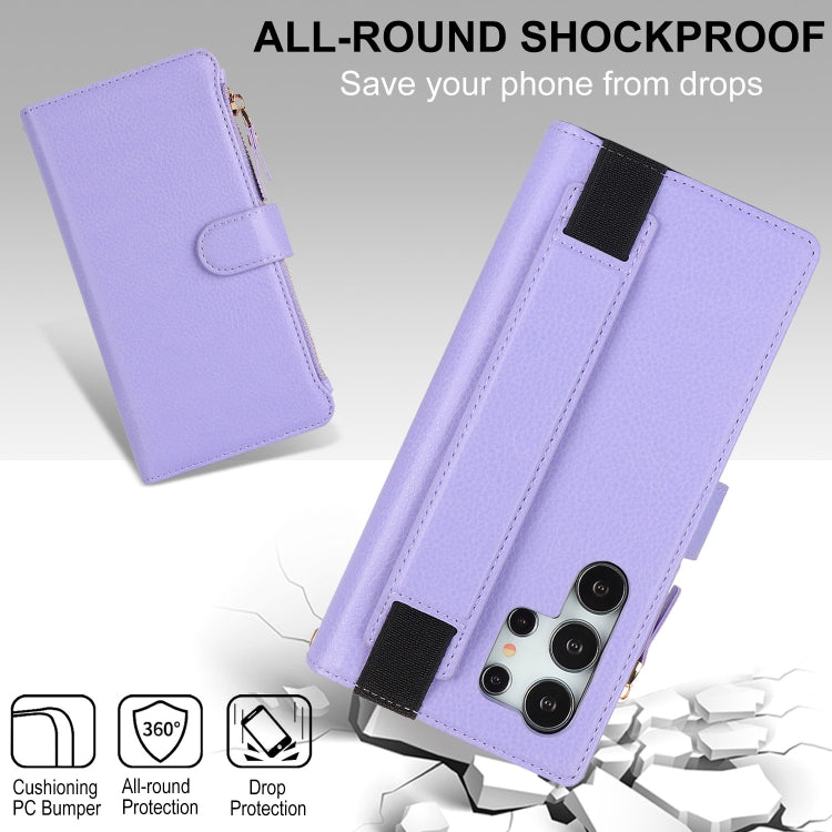 For Samsung Galaxy S24 Ultra 5G Wristband Holder Zipper Purse RFID Leather Phone Case(Purple)