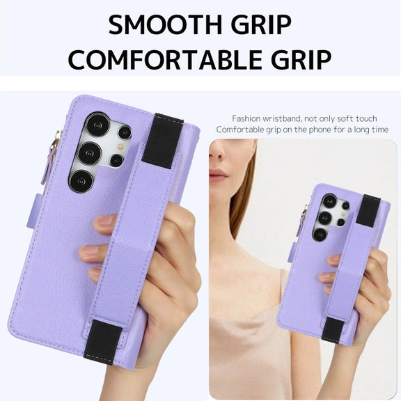 For Samsung Galaxy S24 Ultra 5G Wristband Holder Zipper Purse RFID Leather Phone Case(Purple)