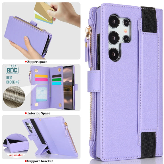 For Samsung Galaxy S24 Ultra 5G Wristband Holder Zipper Purse RFID Leather Phone Case(Purple)