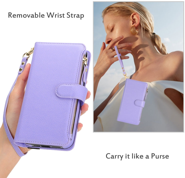 For Samsung Galaxy S24 Ultra 5G Wristband Holder Zipper Purse RFID Leather Phone Case(Purple)