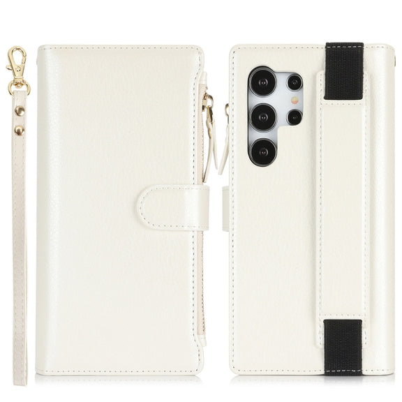 For Samsung Galaxy S24 Ultra 5G Wristband Holder Zipper Purse RFID Leather Phone Case(White)