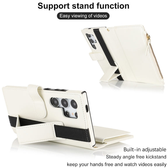 For Samsung Galaxy S24 Ultra 5G Wristband Holder Zipper Purse RFID Leather Phone Case(White)