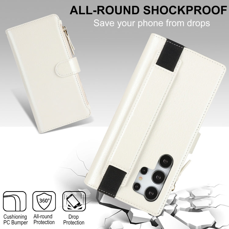 For Samsung Galaxy S24 Ultra 5G Wristband Holder Zipper Purse RFID Leather Phone Case(White)