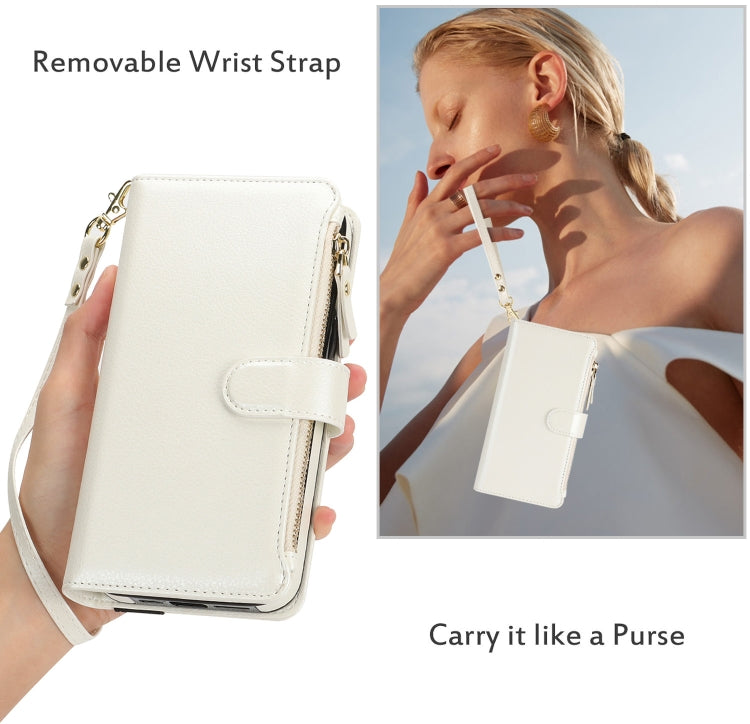 For Samsung Galaxy S24 Ultra 5G Wristband Holder Zipper Purse RFID Leather Phone Case(White)