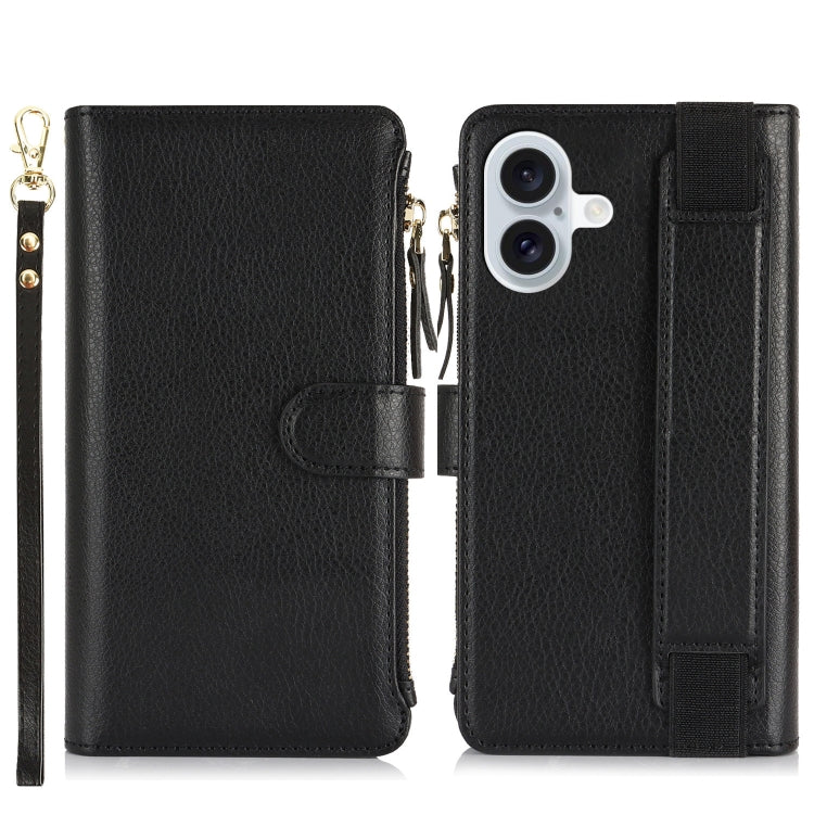 For iPhone 16 Wristband Holder Zipper Purse RFID Leather Phone Case(Black) - iPhone 16 Cases by PMC TechLife | Online Shopping South Africa | PMC TechLife | Buy Now Pay Later Mobicred