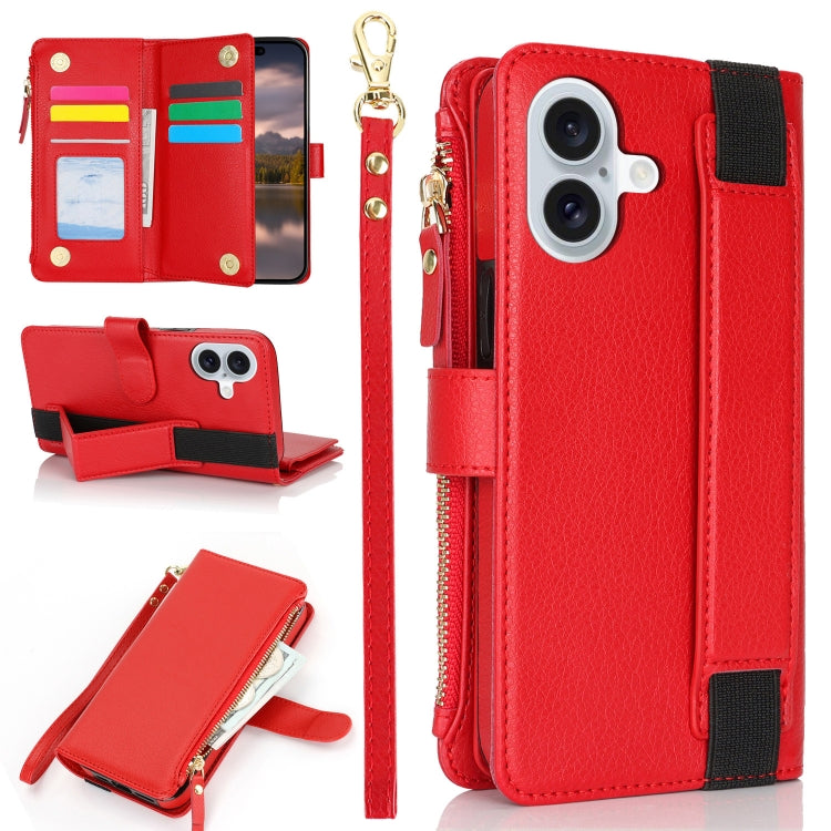 For iPhone 16 Plus Wristband Holder Zipper Purse RFID Leather Phone Case(Red) - free shipping - PMC Jewellery - Order now!