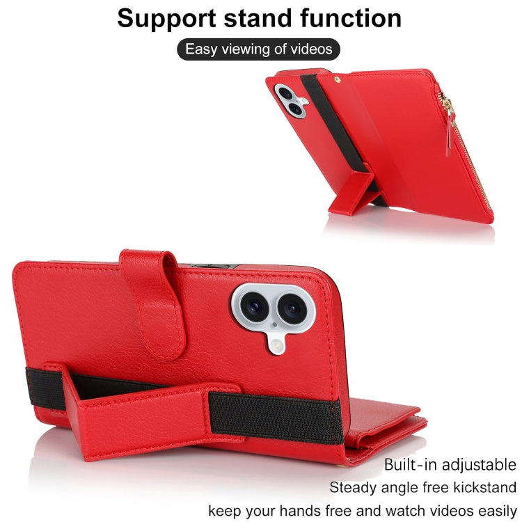For iPhone 16 Plus Wristband Holder Zipper Purse RFID Leather Phone Case(Red) - free shipping - PMC Jewellery - Order now!